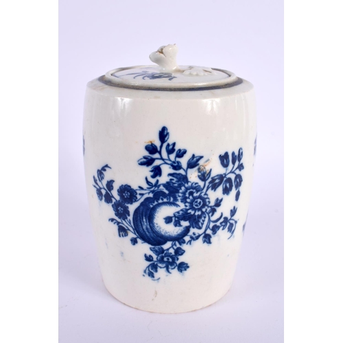 252 - 18th century Worcester tea canister and cover printed with the Fruit Sprig pattern.  11.5cm high