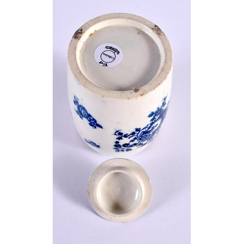 252 - 18th century Worcester tea canister and cover printed with the Fruit Sprig pattern.  11.5cm high