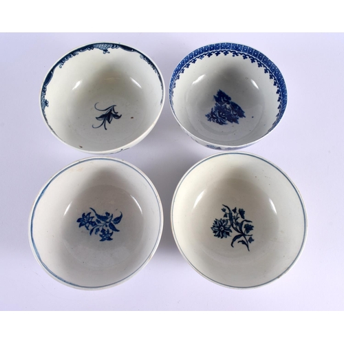 253 - 18th century Worcester four bowls, Mansfield, Fisherman and two three flowers.  7cm high (4)