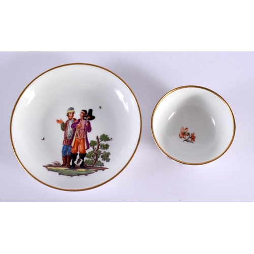 261 - 18th century rare Meissen teabowl and saucer painted country folk crossed swords in blue.  Tea Bowl ... 