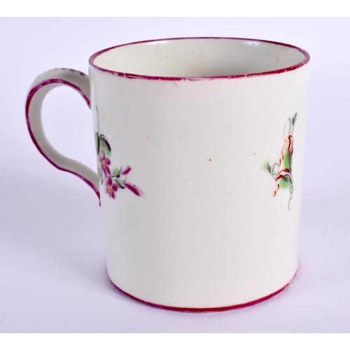 265 - 18th century Mennecy coffee can painted with flowers under a puce border.  6cm high