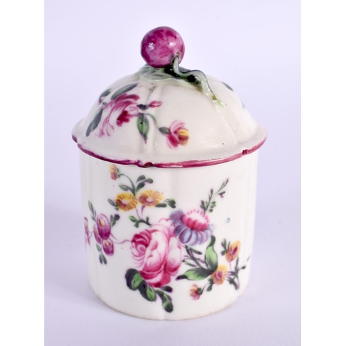 267 - 18th century Mennecy toilet pot and cover wide flute moulded and well painted with flowers.  7cm hig... 