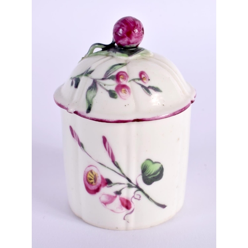 267 - 18th century Mennecy toilet pot and cover wide flute moulded and well painted with flowers.  7cm hig... 