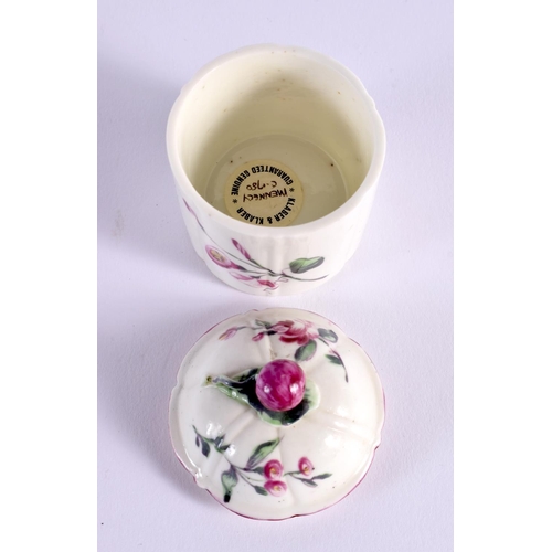 267 - 18th century Mennecy toilet pot and cover wide flute moulded and well painted with flowers.  7cm hig... 