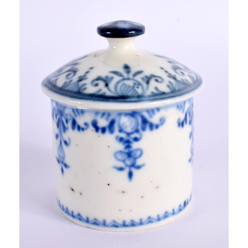 269 - 18th century toilet pot and cover painted in underglaze blue with stylised flowers and leaves, marke... 