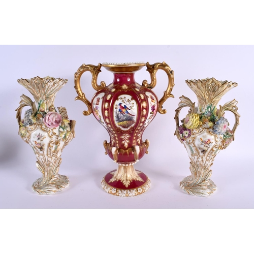 276 - 19th century Coalport type crimson ground two handled  vase with floral panels and a pair of English... 