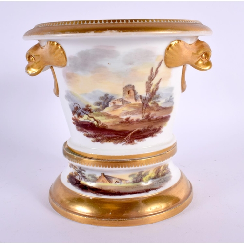 277 - 19th century Spode cache pot and stand painted with landscapes pattern.  11.5cm high