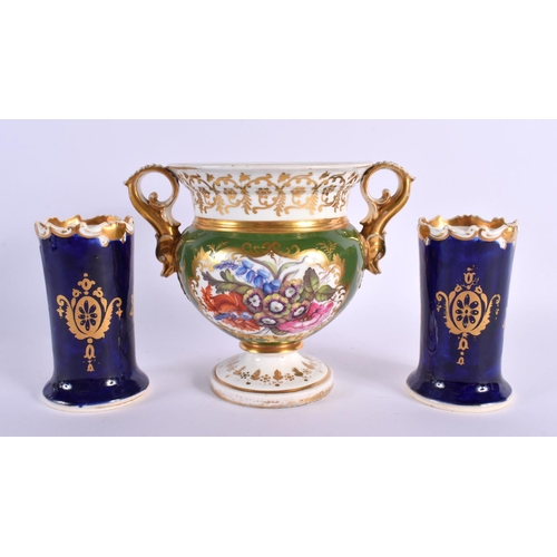 278 - 19th century Chamberlains Worcester two handled vase and two cobalt blue ground spill vases probably... 