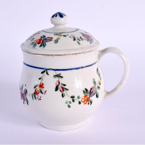 284 - 18th century Bristol rare custard cup and cover painted with festoons of flowers.  8cm high