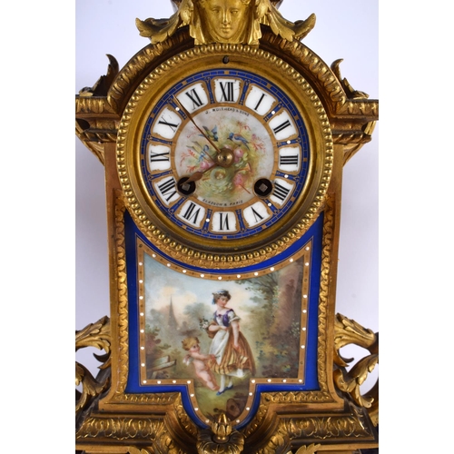 300 - A LARGE 19TH CENTURY FRENCH SEVRES PORCELAIN ORMOLU CLOCK GARNITURE painted with figures and flowers... 