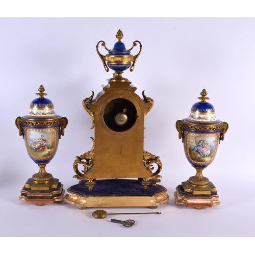 300 - A LARGE 19TH CENTURY FRENCH SEVRES PORCELAIN ORMOLU CLOCK GARNITURE painted with figures and flowers... 