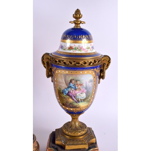 300 - A LARGE 19TH CENTURY FRENCH SEVRES PORCELAIN ORMOLU CLOCK GARNITURE painted with figures and flowers... 