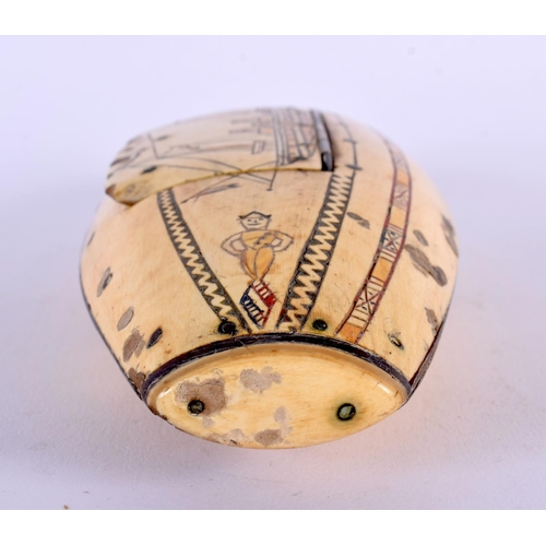 301 - A 19TH CENTURY FRENCH NAPOLEONIC PRISONER OF WAR CARVED BONE SNUFF BOX depicting steam bots and figu... 