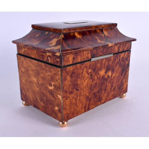 302 - A REGENCY CARVED TORTOISESHELL TWO DIVISION TEA CADDY decorated with a banding of motifs. 13 cm x 15... 