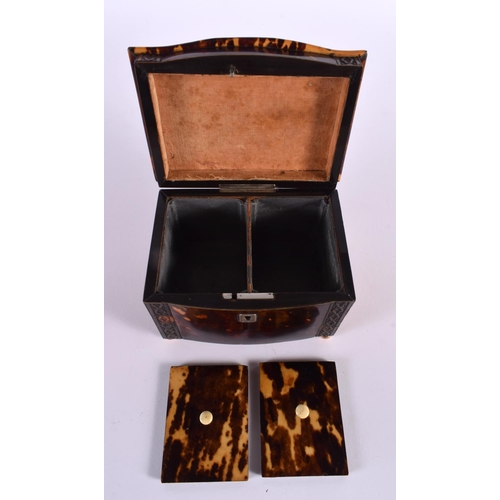 302 - A REGENCY CARVED TORTOISESHELL TWO DIVISION TEA CADDY decorated with a banding of motifs. 13 cm x 15... 