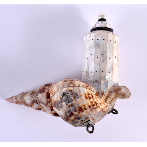 304 - A TURKISH OTTOMAN CONCH AND MOTHER OF PEARL POWDER FLASK. 21 cm x 18 cm.