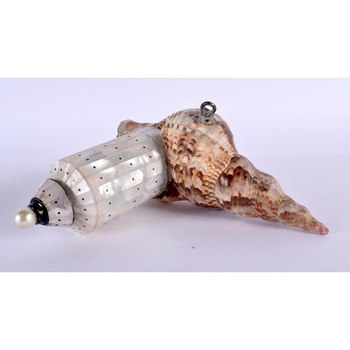 304 - A TURKISH OTTOMAN CONCH AND MOTHER OF PEARL POWDER FLASK. 21 cm x 18 cm.