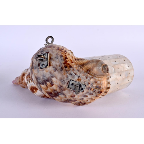 304 - A TURKISH OTTOMAN CONCH AND MOTHER OF PEARL POWDER FLASK. 21 cm x 18 cm.