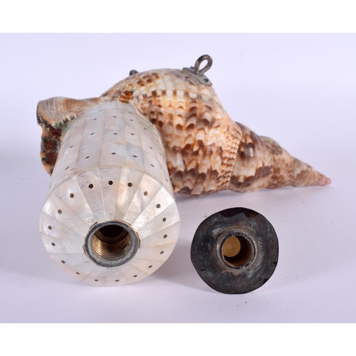 304 - A TURKISH OTTOMAN CONCH AND MOTHER OF PEARL POWDER FLASK. 21 cm x 18 cm.