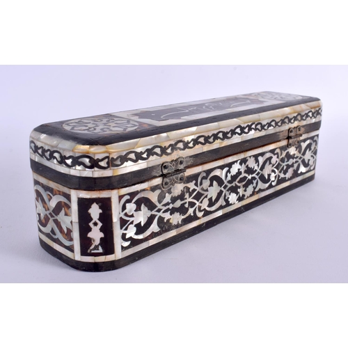 305 - A TURKISH OTTOMAN MOTHER OF PEARL TORTOISESHELL AND CARVED WOOD BOX decorated with scripture. 27 cm ... 