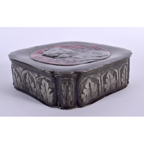 307 - AN ART NOUVEAU PEWTER AND ENAMEL BOX AND COVER formed as a classical maiden amongst foliage. 13 cm s... 