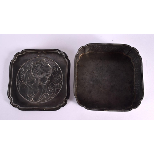 307 - AN ART NOUVEAU PEWTER AND ENAMEL BOX AND COVER formed as a classical maiden amongst foliage. 13 cm s... 