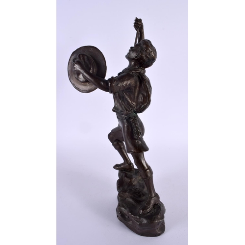 309 - AN EARLY 20TH CENTURY EUROPEAN BRONZE FIGURE OF A MALE modelled holding a staff. 30 cm x 10 cm.