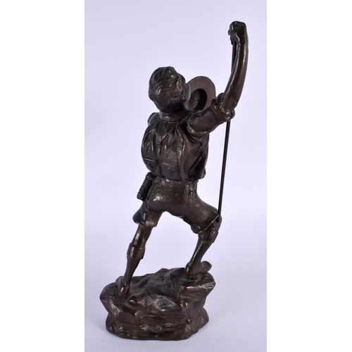 309 - AN EARLY 20TH CENTURY EUROPEAN BRONZE FIGURE OF A MALE modelled holding a staff. 30 cm x 10 cm.