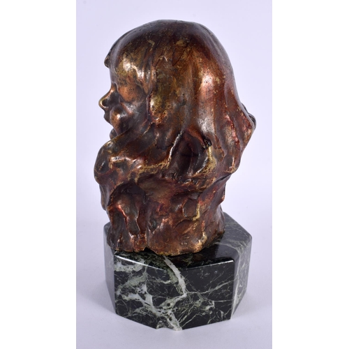 318 - AN ART DECO FRENCH BRONZE BUST OF A FEMALE upon a marble plinth. 22 cm x 12 cm.