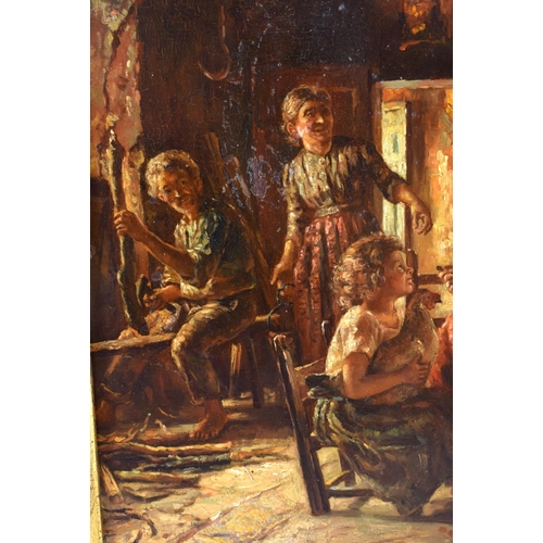 319 - European School (19th Century) Oil on tin, interior family scene. 30 cm x 24 cm.