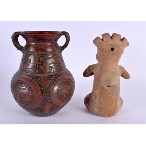 325 - A SOUTH AMERICAN POTTERY FIGURE OF A SEATED GOD together with a similar twin handled vase. Largest 1... 