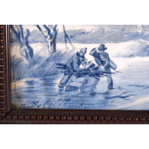 326 - A 19TH CENTURY CONTINENTAL BLUE AND WHITE PORCELAIN PLAQUE painted with ice skating scenes. 27 cm x ... 