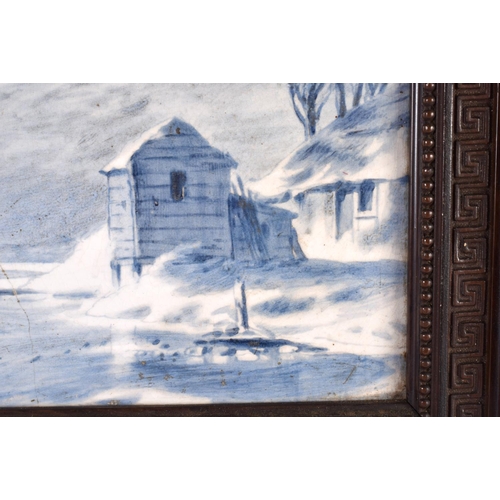 326 - A 19TH CENTURY CONTINENTAL BLUE AND WHITE PORCELAIN PLAQUE painted with ice skating scenes. 27 cm x ... 