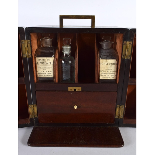 328 - AN EARLY VICTORIAN MAHOGANY APOTHECARY SET with partial contents. 24 cm x 18 cm closed.