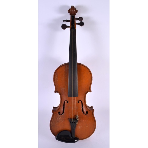 329 - A CASED TWO PIECE BACK VIOLIN with two bows. 59 cm long, length of back 35.5 cm. (3)