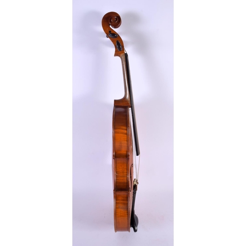 329 - A CASED TWO PIECE BACK VIOLIN with two bows. 59 cm long, length of back 35.5 cm. (3)