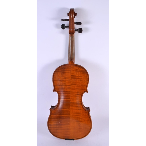 329 - A CASED TWO PIECE BACK VIOLIN with two bows. 59 cm long, length of back 35.5 cm. (3)