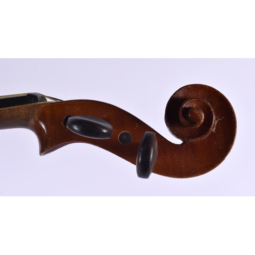 329 - A CASED TWO PIECE BACK VIOLIN with two bows. 59 cm long, length of back 35.5 cm. (3)