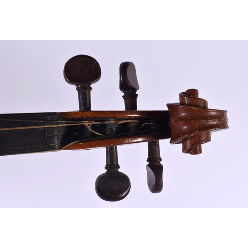 329 - A CASED TWO PIECE BACK VIOLIN with two bows. 59 cm long, length of back 35.5 cm. (3)