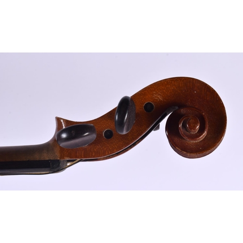 329 - A CASED TWO PIECE BACK VIOLIN with two bows. 59 cm long, length of back 35.5 cm. (3)