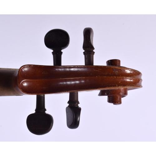 329 - A CASED TWO PIECE BACK VIOLIN with two bows. 59 cm long, length of back 35.5 cm. (3)