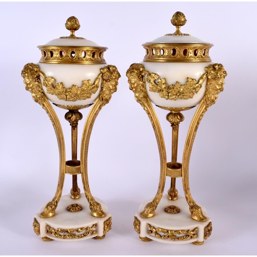 331 - A PAIR OF 19TH CENTURY FRENCH ORMOLU AND WHITE MARBLE VASES AND COVERS mounted with mask heads and h... 