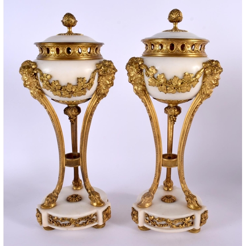 331 - A PAIR OF 19TH CENTURY FRENCH ORMOLU AND WHITE MARBLE VASES AND COVERS mounted with mask heads and h... 