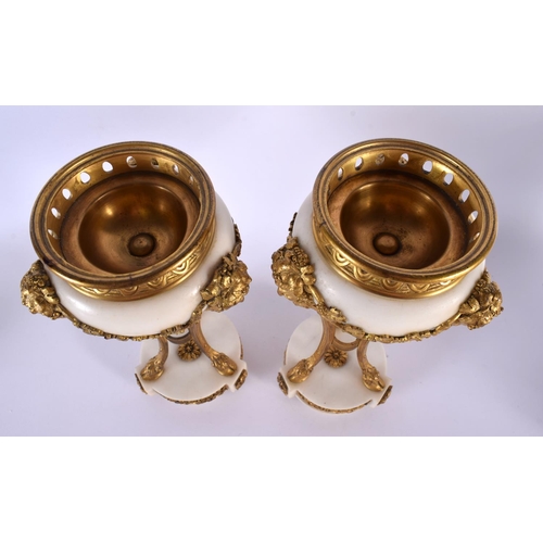 331 - A PAIR OF 19TH CENTURY FRENCH ORMOLU AND WHITE MARBLE VASES AND COVERS mounted with mask heads and h... 