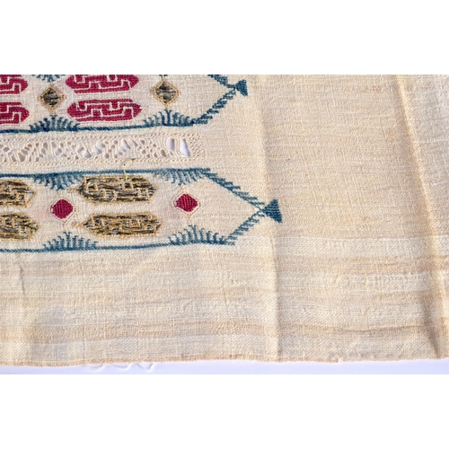 333 - A GREEK EMBROIDERED TEXTILE depicting red and gold motifs. 92 cm x 36 cm.