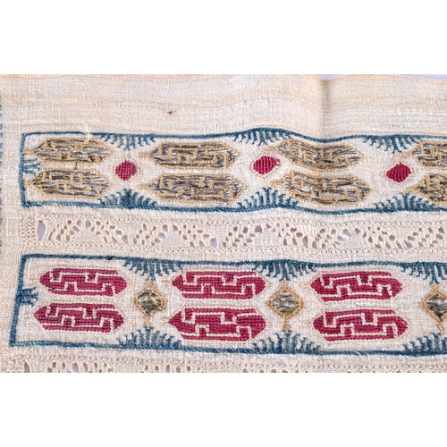 333 - A GREEK EMBROIDERED TEXTILE depicting red and gold motifs. 92 cm x 36 cm.