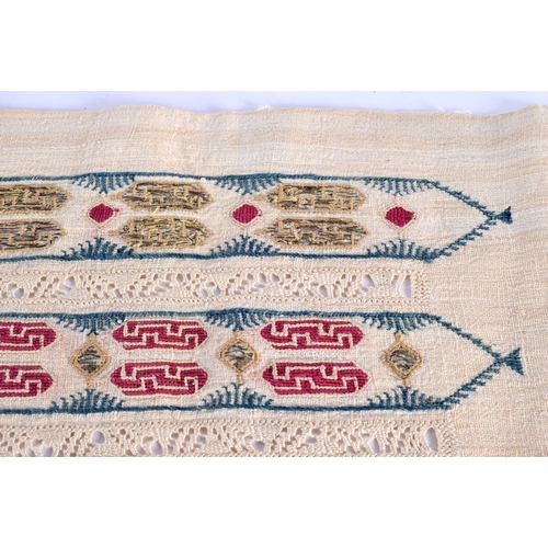 333 - A GREEK EMBROIDERED TEXTILE depicting red and gold motifs. 92 cm x 36 cm.