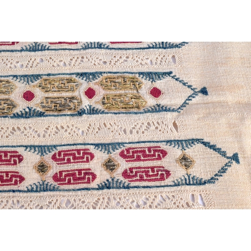 333 - A GREEK EMBROIDERED TEXTILE depicting red and gold motifs. 92 cm x 36 cm.