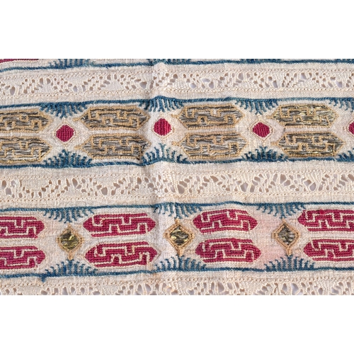 333 - A GREEK EMBROIDERED TEXTILE depicting red and gold motifs. 92 cm x 36 cm.