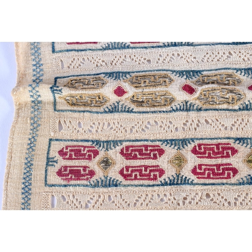 333 - A GREEK EMBROIDERED TEXTILE depicting red and gold motifs. 92 cm x 36 cm.